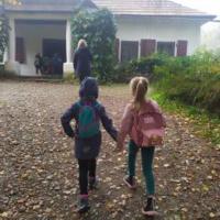 Na zdjęciach dzieci spacerują po skansenie. Trzymają się za ręce. W tle jesienna aura - drzewa z jeszcze zielonymi liśćmi na ziemi opadłe brązowe liście.