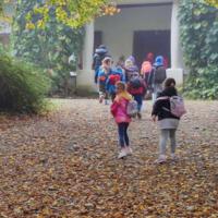 Na zdjęciach dzieci spacerują po skansenie. Trzymają się za ręce. W tle jesienna aura - drzewa z jeszcze zielonymi liśćmi na ziemi opadłe brązowe liście.